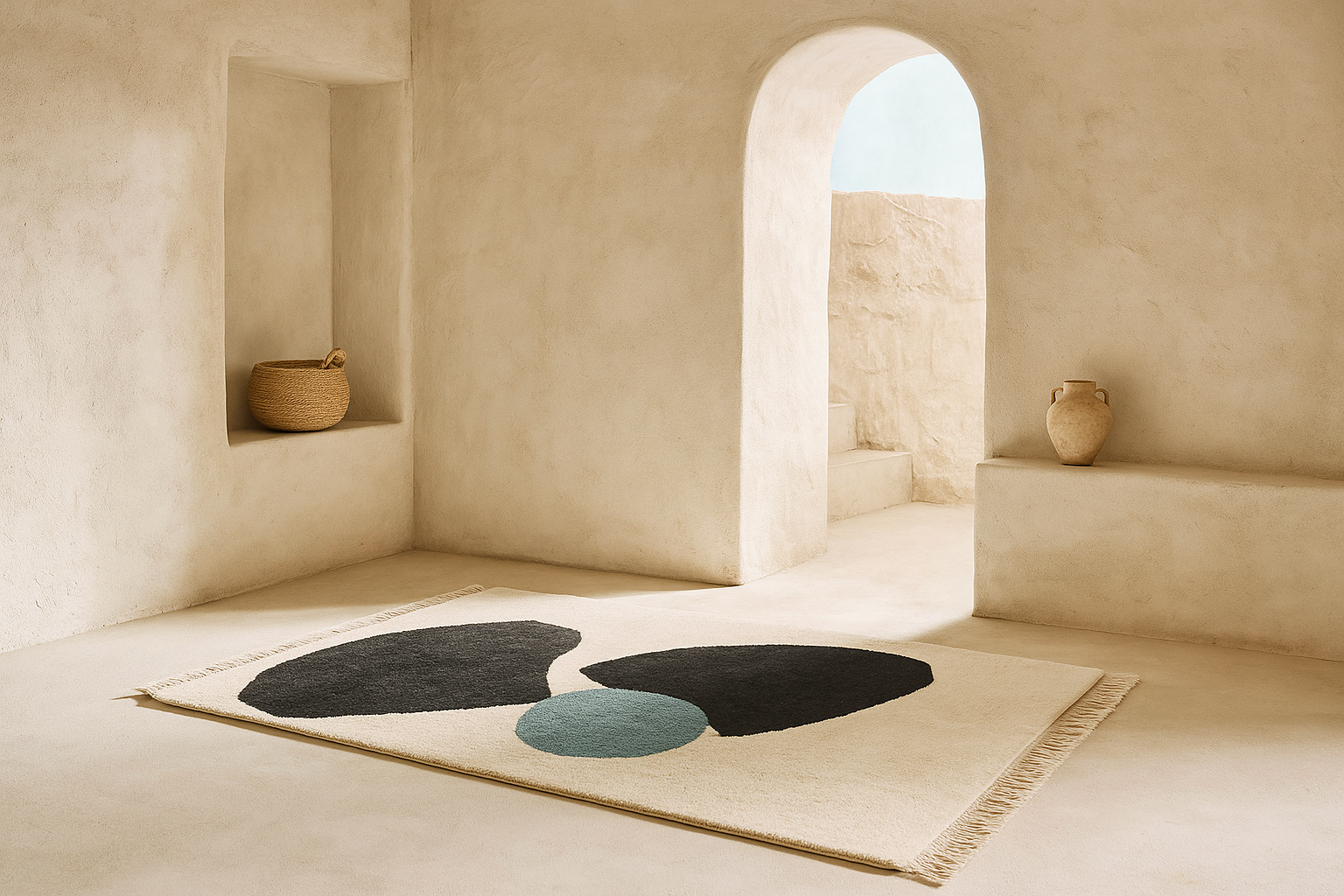 Rug with circular patterns in a minimalistic room with archways and neutral decor. laine 100% naturelle tapis fais a la main naturug hand made rug morocco maroc marocain