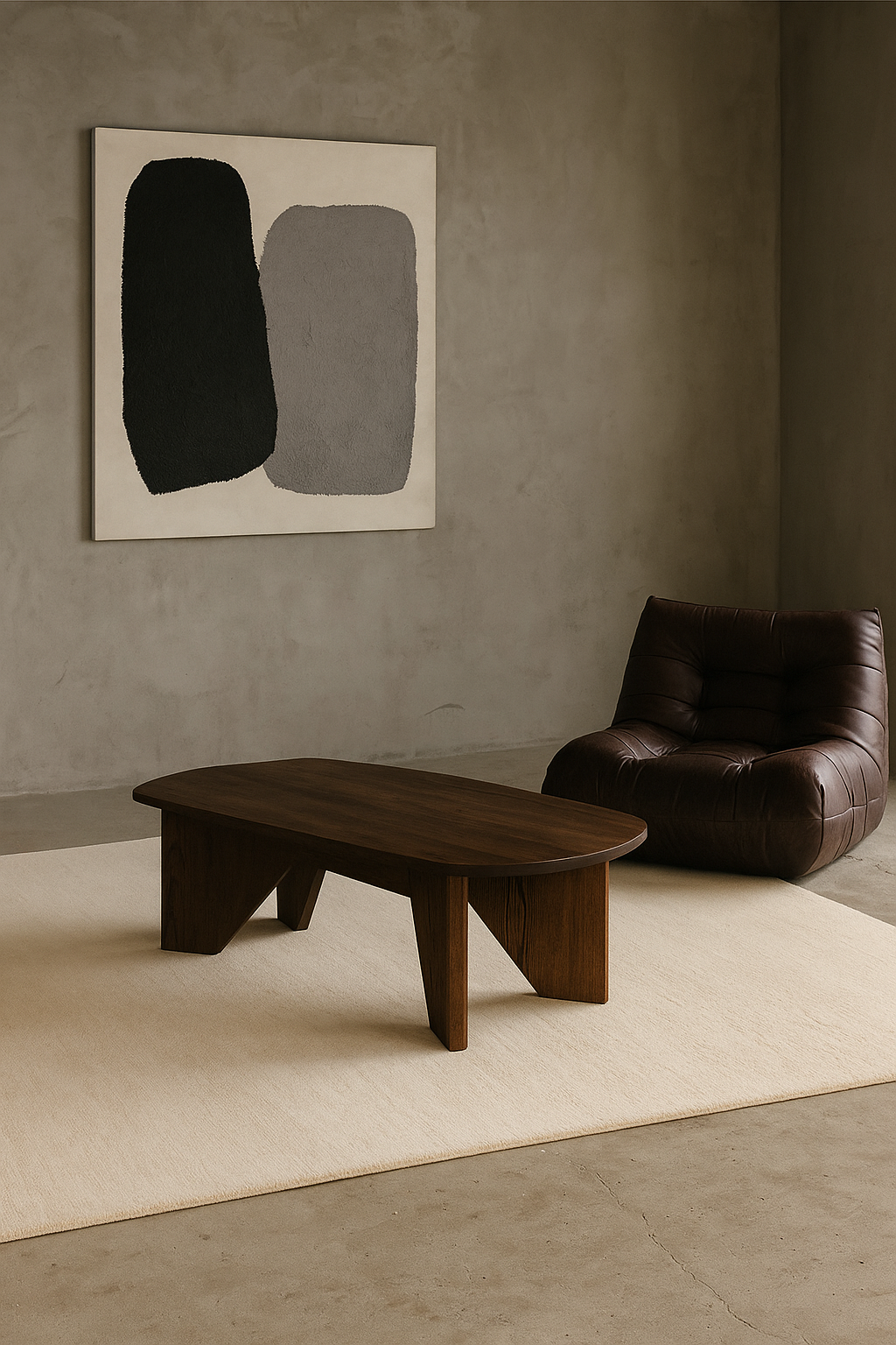 Modern interior with a brown leather chair and coffee table against a gray wall with abstract art. laine 100% naturelle fais a la main naturug hand made morocco maroc marocain