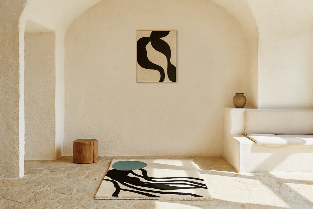 Modern interior with abstract art and a rug featuring black and white designs. laine 100% naturelle tapis fais a la main naturug hand made rug morocco maroc marocain naturug collection alma di mare tapis berbère laine naturelle handmade Moroccan wool rug tapis marocain fait main berber rugs