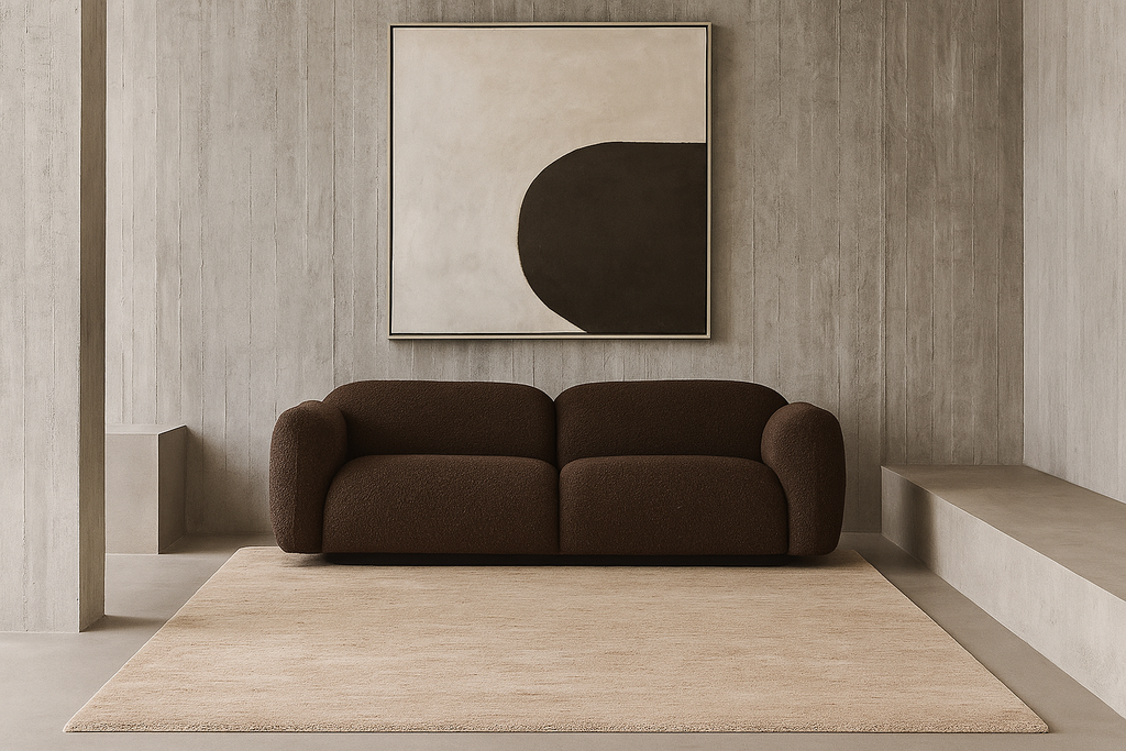 Brown sofa in a room with a abstract painting on the wall laine 100% naturelle fais a la main naturug hand made morocco maroc marocain naturug collection tapis berbère laine naturelle handmade Moroccan wool rug tapis marocain fait main berber rugs