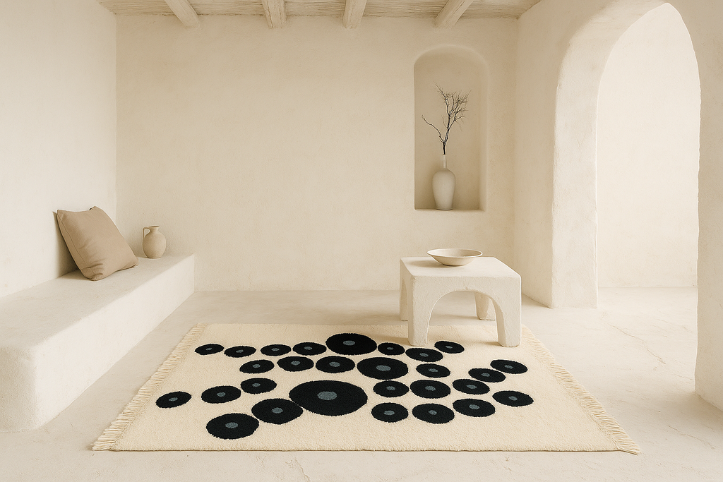 Beige rug with black circular patterns in a minimalistic room. laine 100% naturelle tapis fais a la main naturug hand made rug morocco maroc marocain naturug collection alma di mare tapis berbère laine naturelle handmade Moroccan wool rug tapis marocain fait main berber rugs